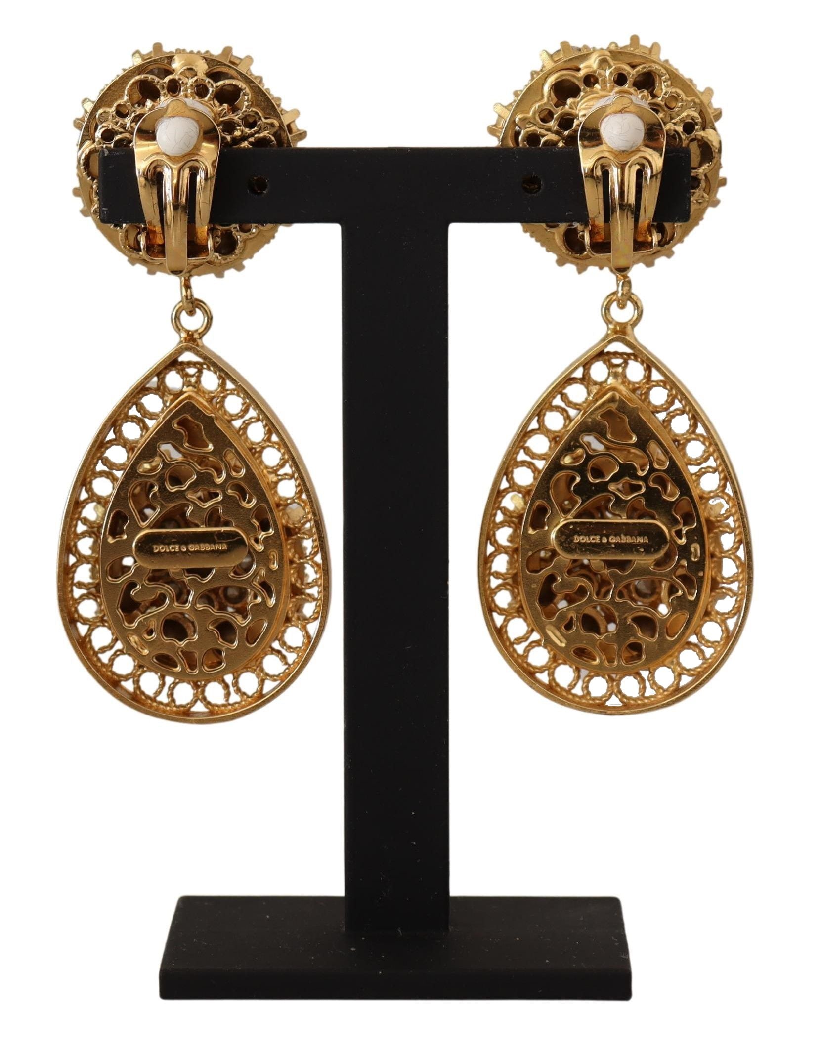 Dolce & Gabbana Gold Crystal DG SICILY Clip-on Jewelry Dangling Earrings