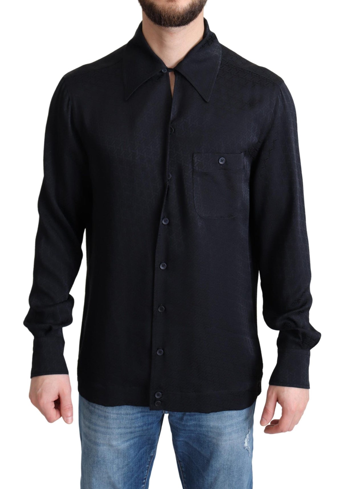 Dolce & Gabbana Black Jacquard Silk Casual Button Down Shirt