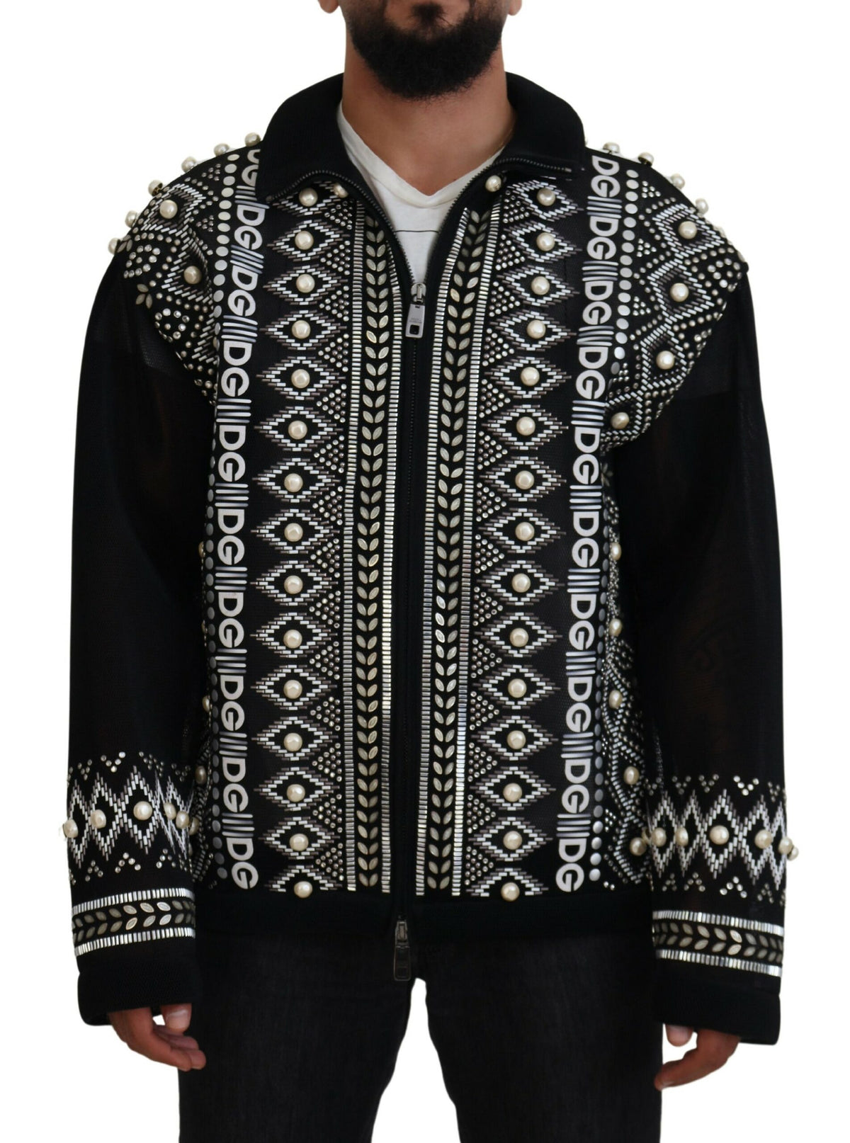 Dolce & Gabbana Black White DG Pearl Embellishment Jacket