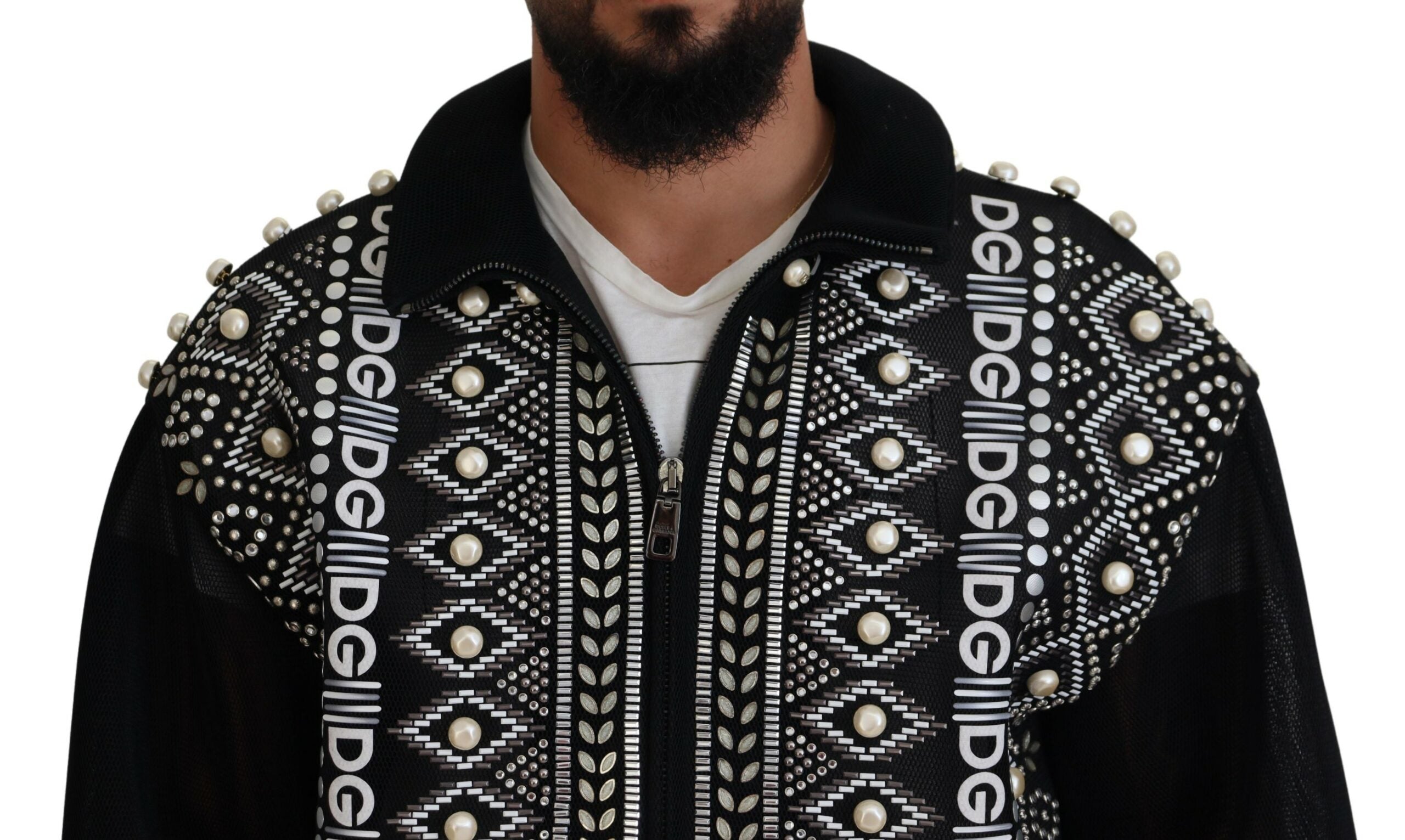 Dolce & Gabbana Black White DG Pearl Embellishment Jacket