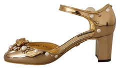 Dolce & Gabbana Elegant Gold Leather Block Heels with Crystals