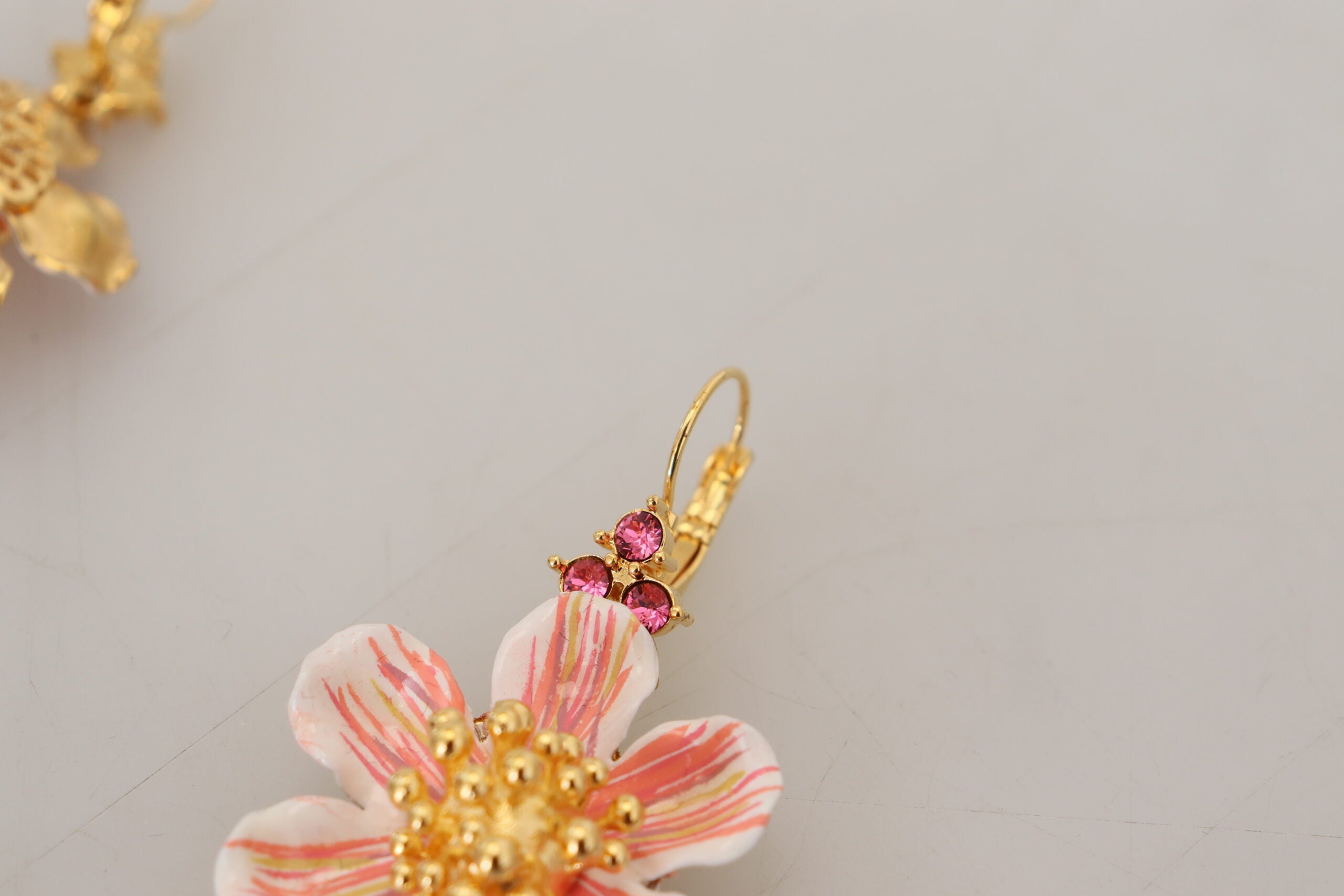 Dolce & Gabbana Elegant Gold & Pink Floral Dangling Earrings