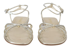 Prada Elegant Silver Ankle Strap Flats