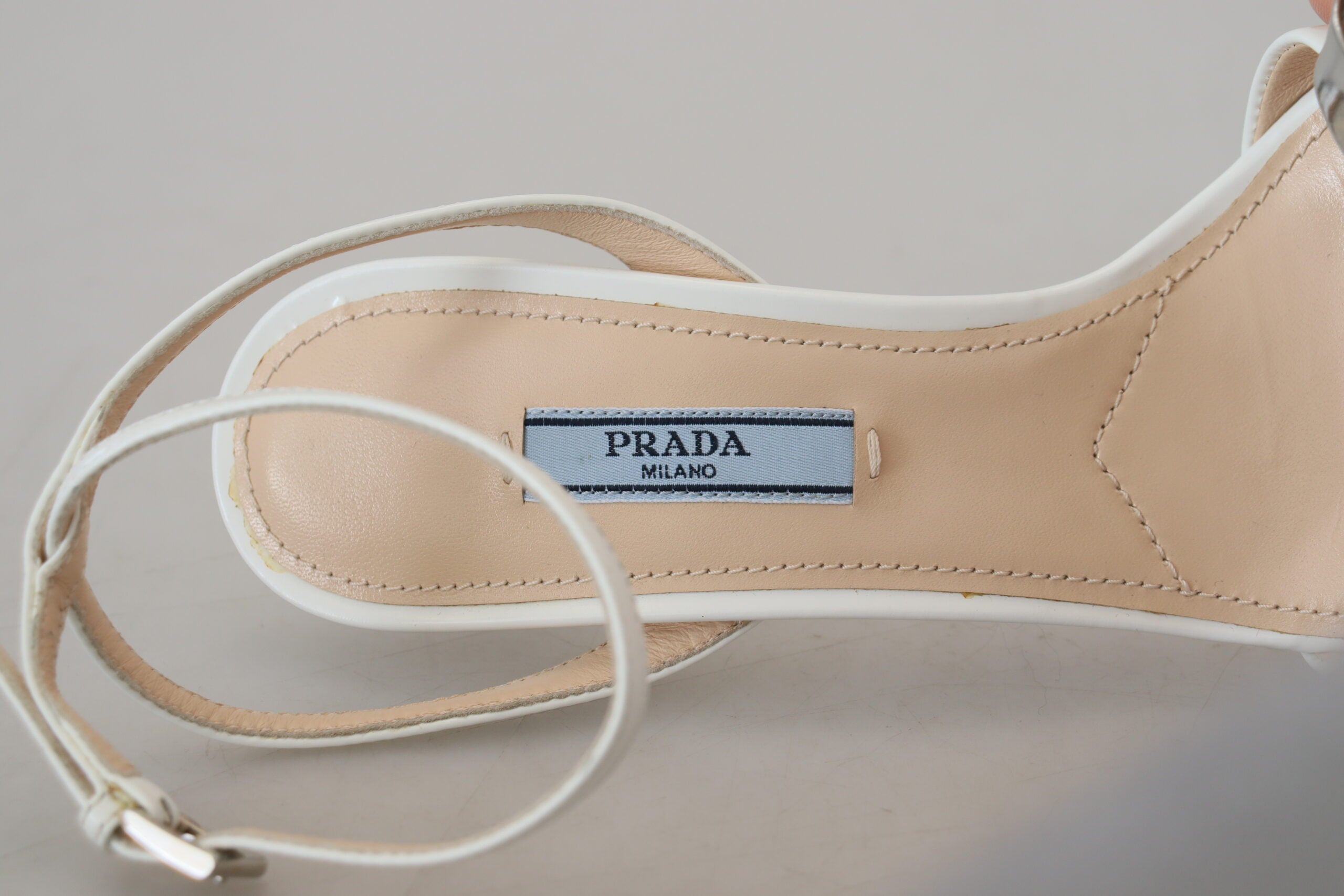 Prada Elegant Silver-White Leather Strap Heels