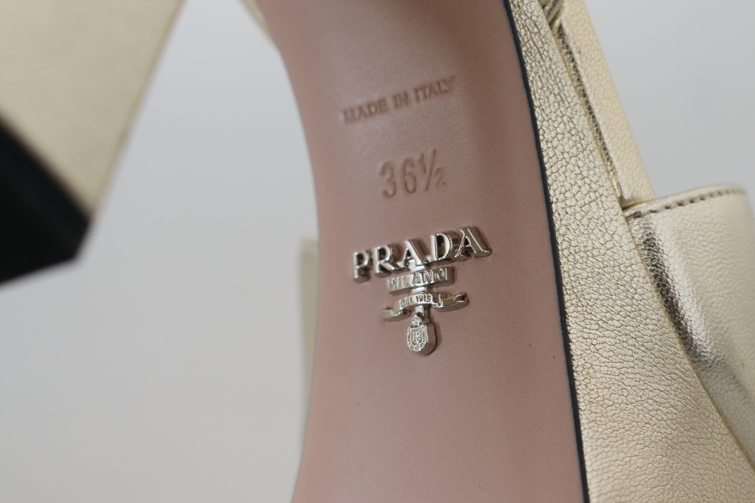 Prada Elegant Gold Leather Block Heel Sandals