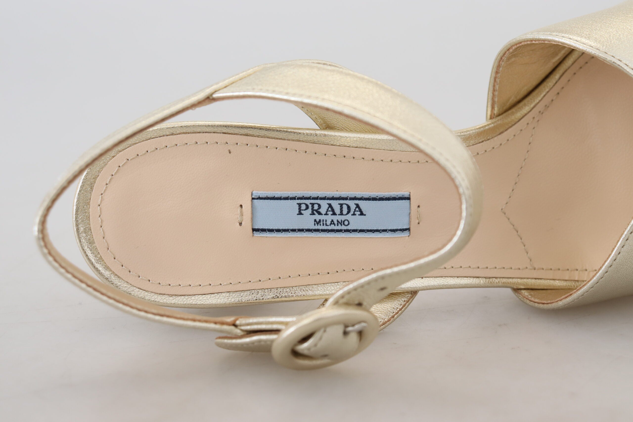 Prada Elegant Gold Leather Block Heel Sandals