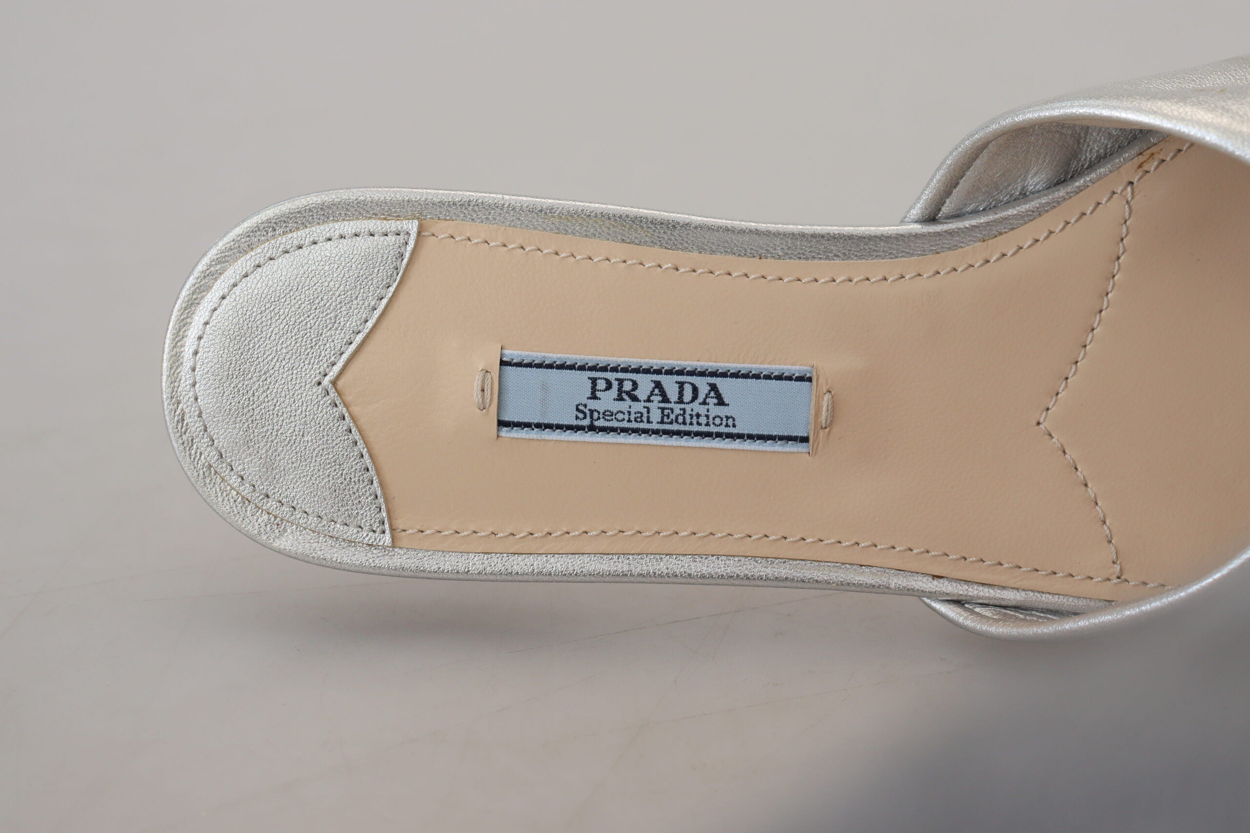 Elegant Silver Navy Prada Leather Flats