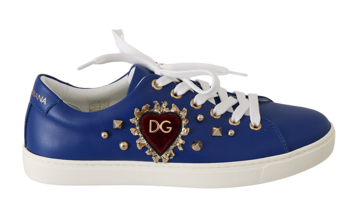 Dolce & Gabbana Chic Blue Leather Sneakers with Velvet Heart