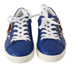 Dolce & Gabbana Chic Blue Leather Sneakers with Velvet Heart