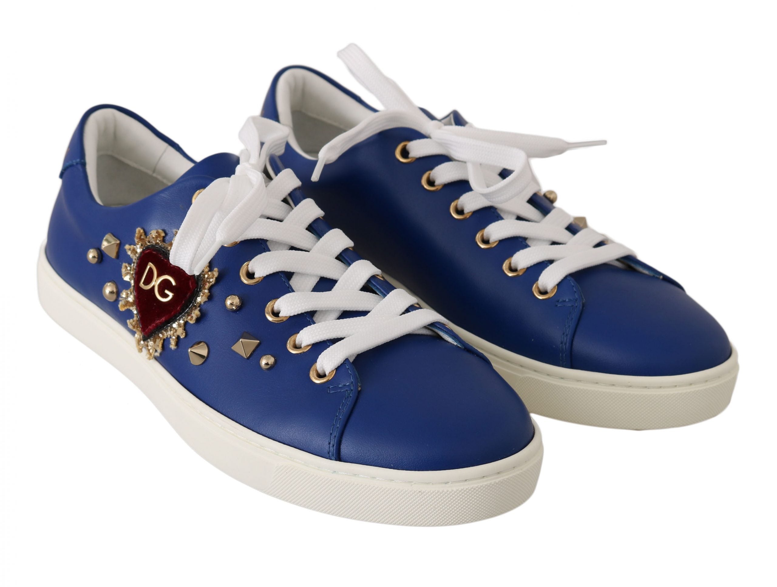 Dolce & Gabbana Chic Blue Leather Sneakers with Velvet Heart