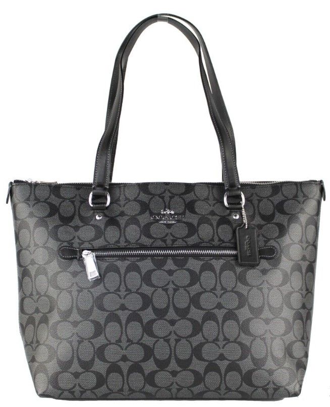 COACH Signature Coated Canvas Graphite Black Leather Gallery Tote Handbag