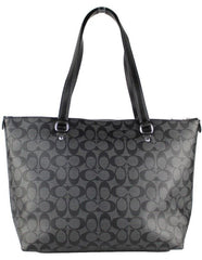 COACH Signature Coated Canvas Graphite Black Leather Gallery Tote Handbag