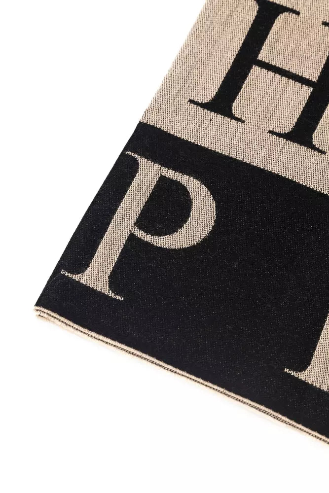 Philipp Plein Beige Logo Scarf with Fringed Hems