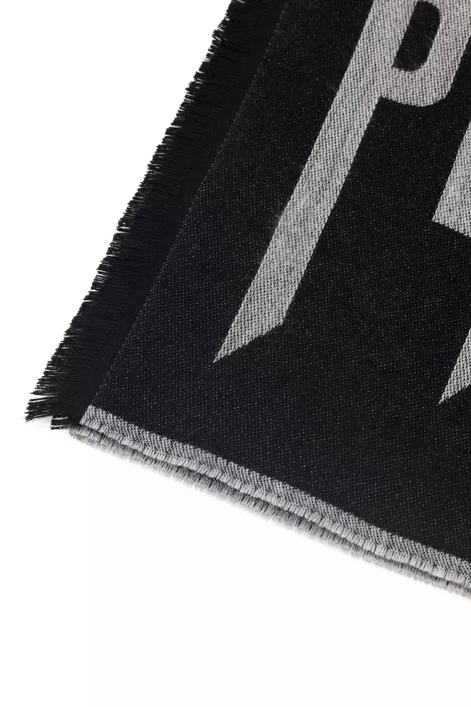 Philipp Plein Elegant Gray Fringed Wool Blend Scarf