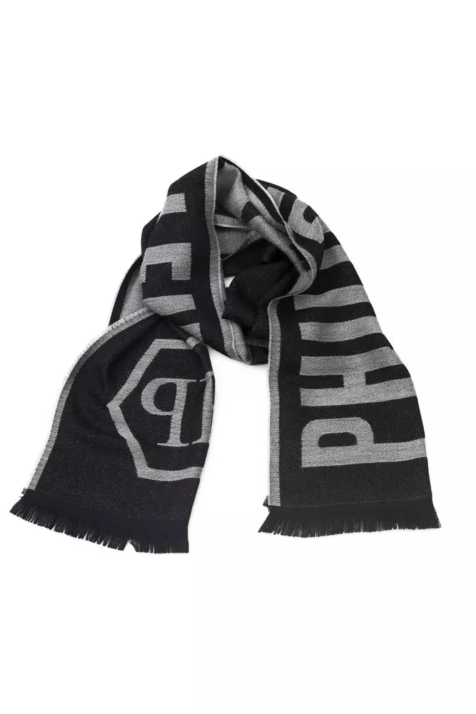 Philipp Plein Elegant Gray Fringed Wool Blend Scarf