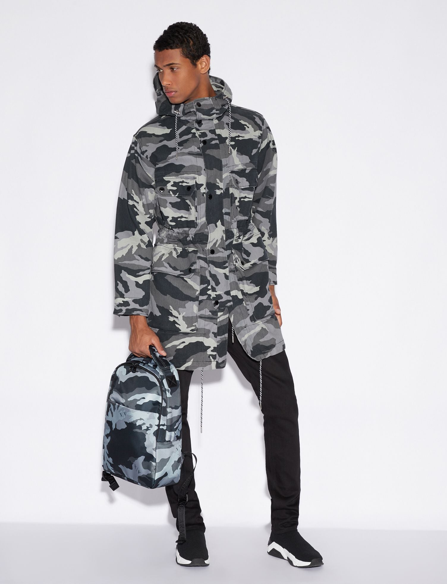 Armani Exchange Camouflage Grey Hooded Trench