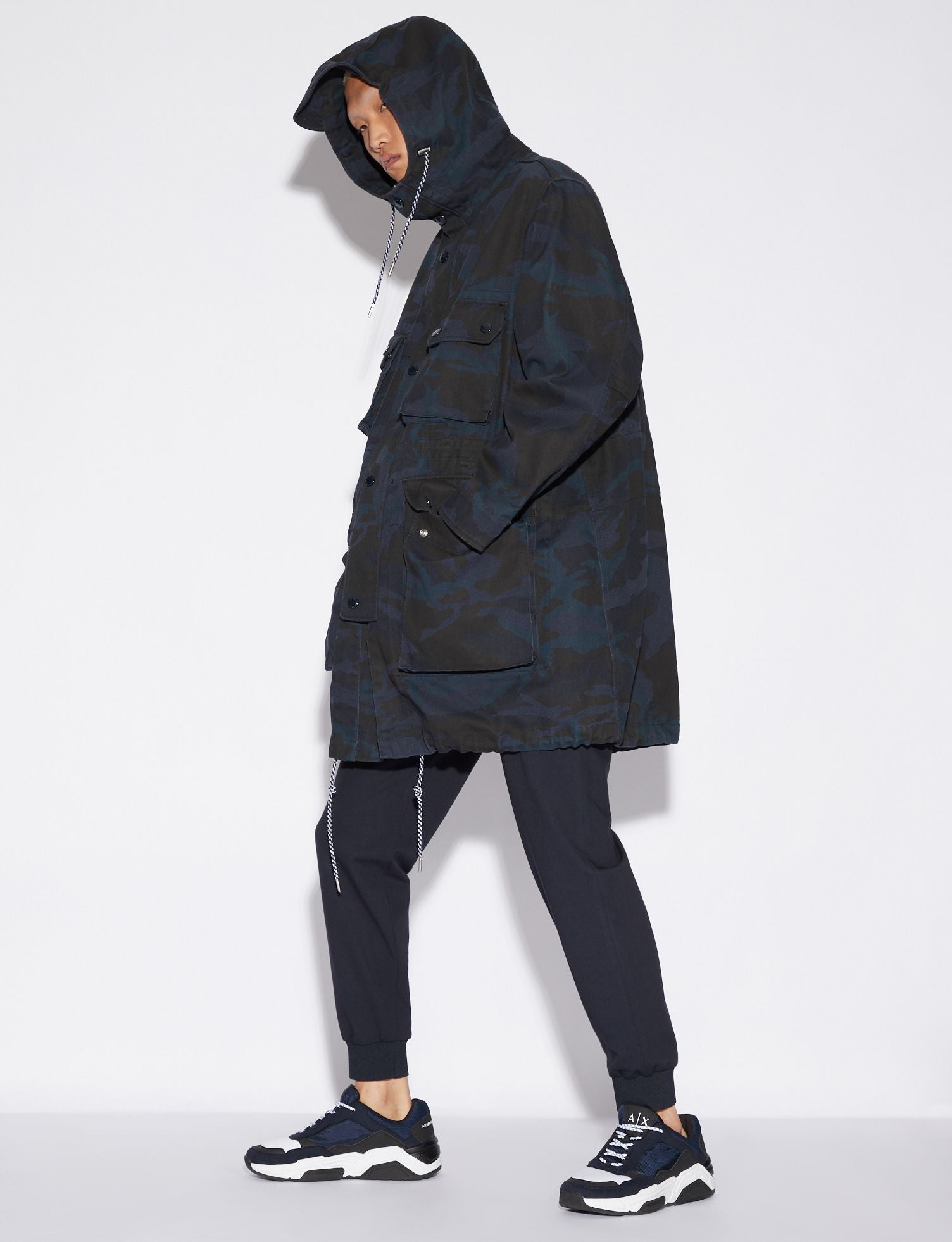 Armani Exchange Camouflage Hooded Trench in Dark Blue