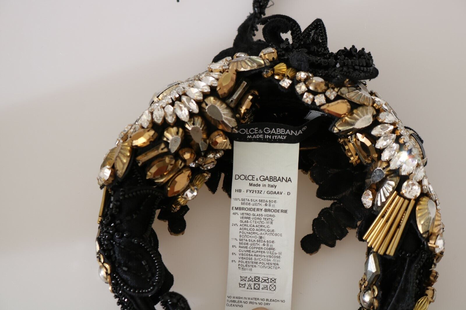 Dolce & Gabbana Black Silk Gold Crystal Studded Diadem