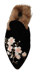 GIA COUTURE Chic Black Velvet Floral Embroidered Slides