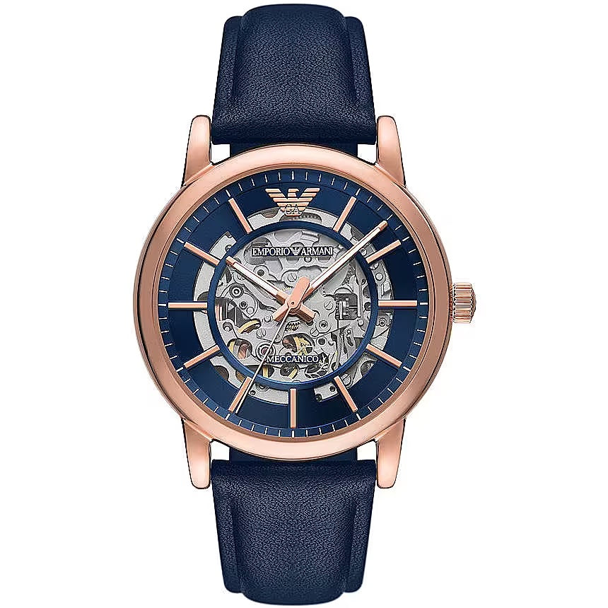 Emporio Armani Navy Blue Leather and Steel Automatic Watch