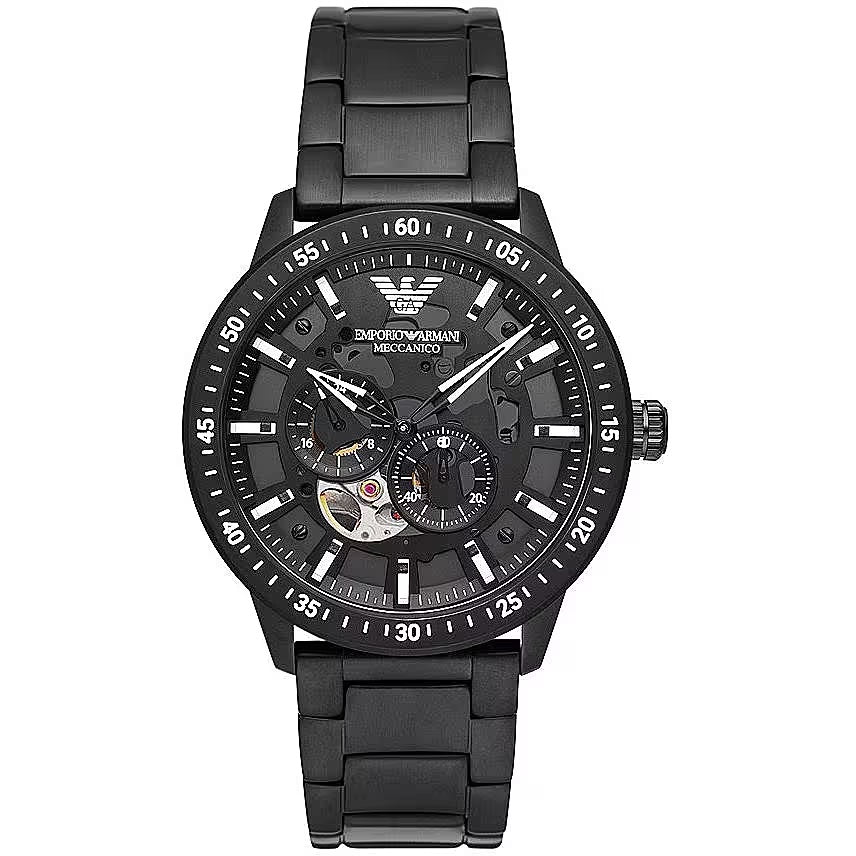 Emporio Armani Black Leather and Steel Chronograph Watch