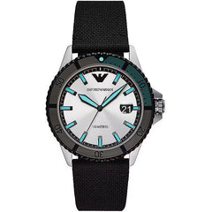 Emporio Armani Black Silver Fabric and Steel Quartz Watch