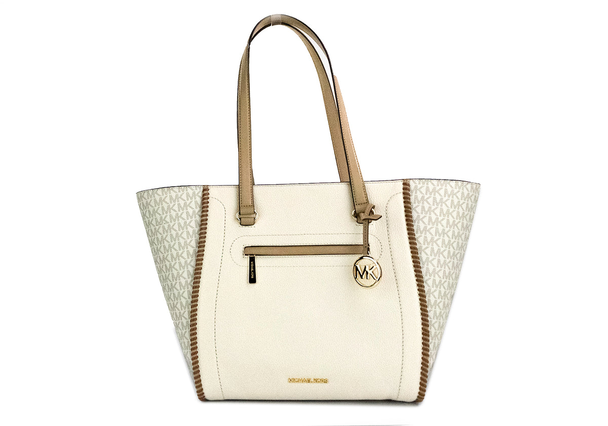 Michael Kors Carine Large Light Cream Leather PVC Front Zip Shoulder Tote Bag